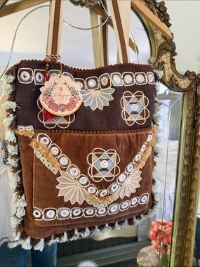 Rubyyaya Boho Embroidered Brown Velvet Tote Made in Australia